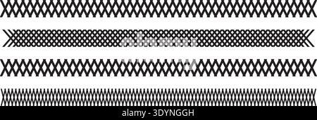 Set of slash and crossed lines borders. Oblique parallel stripes patterns. Black tilted stitches and crosses embroidery ornaments on white background Stock Vector