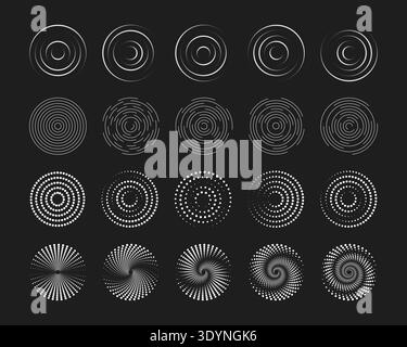 Set of white circular ripple or vibration symbols on black background. Concentric circles with broken lines. Echo, whirlpool, sonar or sound wave Stock Vector