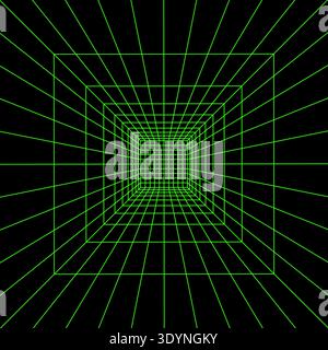 Square green laser or neon wireframe in perspective on black background. Room, portal or studio grid texture in retrofuturistic style. Techno Stock Vector