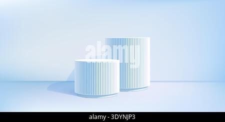 Blue bg limbo, 3d podium product sale. Round stage ribbed base box, Discount giveaway light cylinder platforms. Cosmetic stand display, winner sky Stock Vector