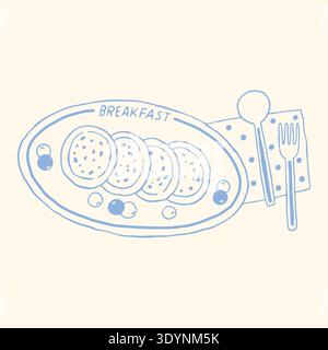 Hand drawn pancake breakfast plate with berries, spoon and fork in minimalist blue line style. Trendy morning food vector illustration perfect for Stock Vector