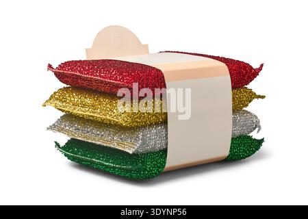 stacked plastic wire cleaning sponges with blank label isolated white background, red gold silver and green woven mesh finish scourers Stock Photo