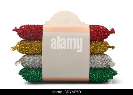 stacked plastic wire cleaning sponges with blank label isolated white background, red gold silver and green woven mesh finish scourers Stock Photo