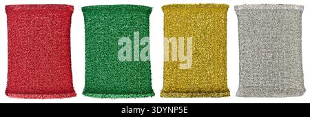 plastic wire cleaning sponges isolated white background, colorful textured and glossy woven mesh finish scourers, red green gold and silver synthetic Stock Photo