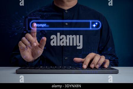 Businessman typing keyboard while pointing on virtual AI prompt bar and digital circuit background. Concept of AI generated content, prompt engineerin Stock Photo