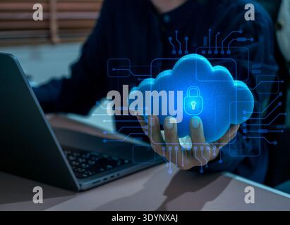 Cloud security and cloud computing concept. Protected data storage icon and digital network interface. Secure SaaS platform, encrypted cloud infrastru Stock Photo