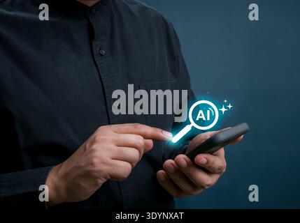 Person using smartphone with AI search icon interface, Artificial intelligence technology in daily life. Concept of smart information search, AI power Stock Photo