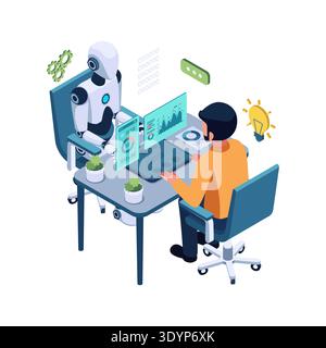 Isometric AI and Human Working on Data Analysis Together. AI Impact on Jobs Concept Stock Vector