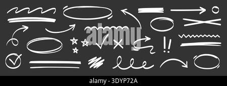 Arrow, highlight marker stroke set. Marker pen line hand drawn brush stroke sketch circle, underline, arrow. Doodle check, cross, highlight scribble round icon on chalkboard. Vector illustration Stock Vector
