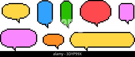 Colorful pixel text box set. Bright pixelated chat frame collection. Retro 8 bit border shape pack for speach box bubble, message cloud, communication dialog, talk balloon. Vector illustration bundle Stock Vector