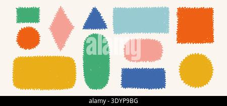 Colored hand drawn crayon boxes and stamps collection. Doodled rough edge borders or frames set. Playful sketched geometric shape pack for sticker, logo, collage, postcard, patch, label, icon. Vector Stock Vector