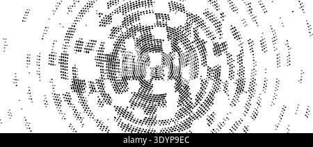 Abstract radial pixelated halftone texture. Black circular pixel explosion background. Moving scattered dotted pattern overlay bg. Fading geometric fragment wallpaper. Vector radial irregular backdrop Stock Vector