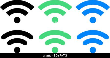 Vector set of stylized wireless signal or Wi-Fi signal symbols in black, green, and blue, useful for tech, network, or communication design. Stock Vector