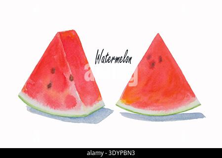 Summer watermelon sliced isolated. Hand drawn watercolor painting, illustration on white background. Stock Photo