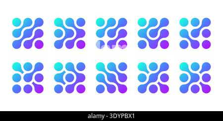 Atom dots connected in molecule structure pattern. Abstract circle shapes, collagen liquid drops. Medical tech metaball cells. Wavy merge fluid arrow Stock Vector