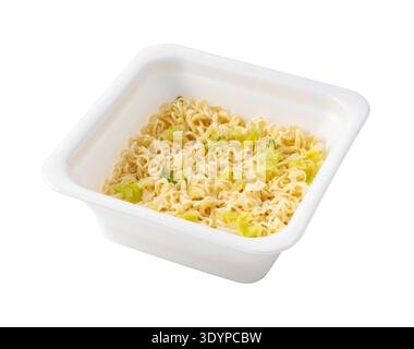 Instant yakisoba noodles with cabbage in a square styrofoam container isolated on white background Stock Photo