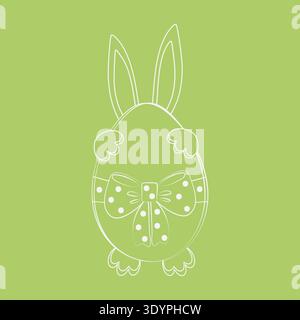 Easter Bunny hiding behind Easter Egg decorated Tied ribbon bow with polka dots. Sticker, icon Flat. Vector illustration Easter Greetings Themed cards design element, media post, blog, leaflet, banner Stock Vector