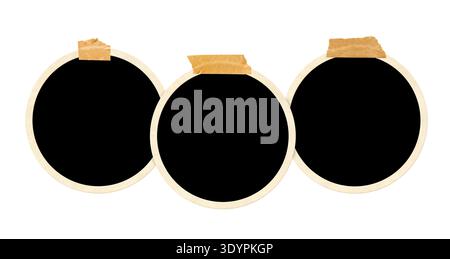 Three round frame photos with adhesive tape stripes. Pictures album grid for scrapbooking. Vintage style mood board layout. Isolated on white backgrou Stock Photo