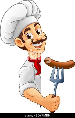 Chef Hotdog Sausage Cook Menu Sign Cartoon Mascot Stock Vector