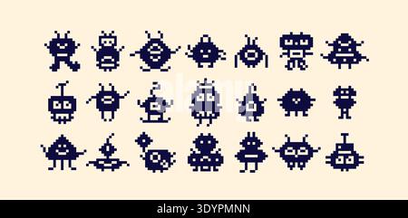 Pixel art blue combats on white background. Set with cute aliens. Stock Vector