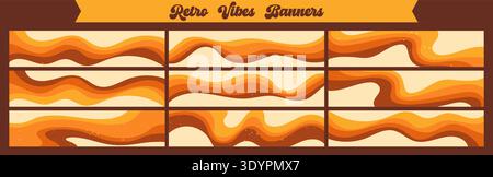 Pack with 9 zebra Y2K groovy banners drawn in warm yellow color. Stock Vector