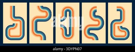 Pack with 5 groovy posters, rainbow stripes in orange and blue color. Stock Vector