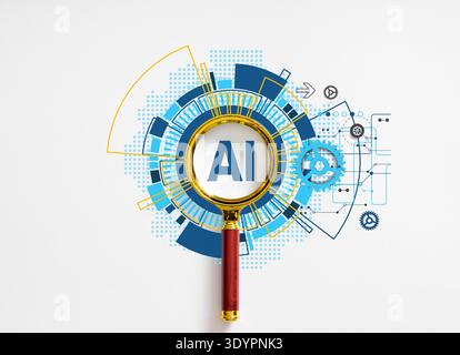 Magnifying glass highlighting AI text with a global digital network and gears, representing technology, innovation, and data research Stock Photo