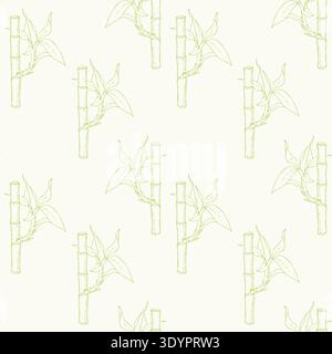 Bamboo stick pattern. Eco-minimalism with delicate green bamboo shoots. Light green hand drawn of bamboo stems and leaves on cream background. Vector Stock Vector