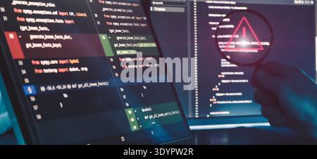 Code Error Detection and Software Debugging Concept with Warning Symbol in Magnifying Glass on Programming Stock Photo