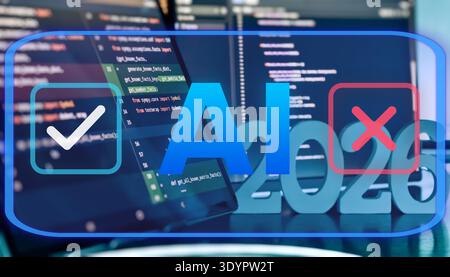 AI Approval and Rejection Decision Interface with Checkmark and Cross Icons on Coding Workspace Stock Photo