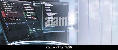 Futuristic Programming Workspace with Code Screens and Transparent UI Overlay Stock Photo