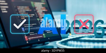 AI Validation and Decision Concept with Checkmark and Cross Icons on Programming Code Stock Photo