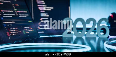 Futuristic AI Coding Workspace with 2026 Numbers and Programming Code on Screens Stock Photo