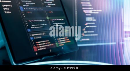 Futuristic AI Coding Interface with Abstract Light Trails and Programming Code on Screens Stock Photo