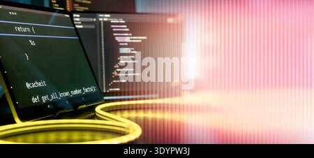Futuristic Coding Workspace with Warm Neon Light Trails and Vertical Gradient Overlay Stock Photo