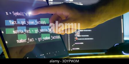Programmer Hand Interacting with Code and Flow Diagram Overlay on Touchscreen in Futuristic Software Stock Photo