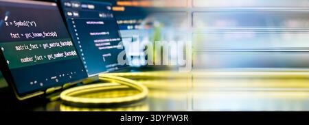 Futuristic Coding Workspace with Glass UI Panels and Neon Cable Light, Software Development Dashboard Stock Photo