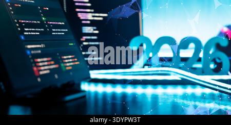 Futuristic AI Network and Coding Concept with 2026 Numbers, Laptop Code Screen Stock Photo
