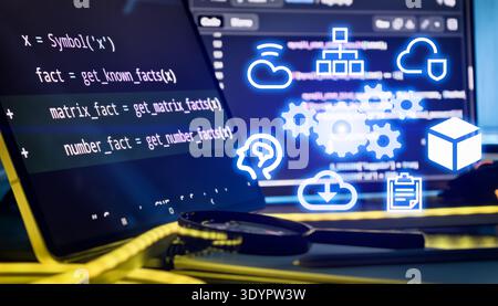 AI Automation and Cloud Workflow Concept with Software Code, Tech Icons and Futuristic Developer Stock Photo