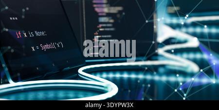 Futuristic AI Coding Workspace with Python Code on Screen, Neon Desk Lighting and Digital Network Stock Photo