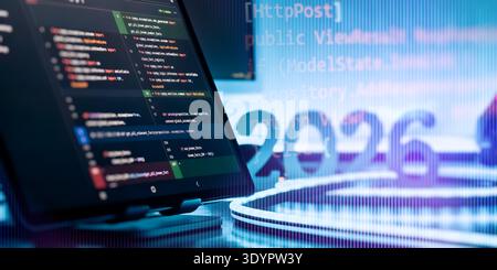 Futuristic AI Coding Interface with Holographic 2026 Overlay and Programming Code Stock Photo