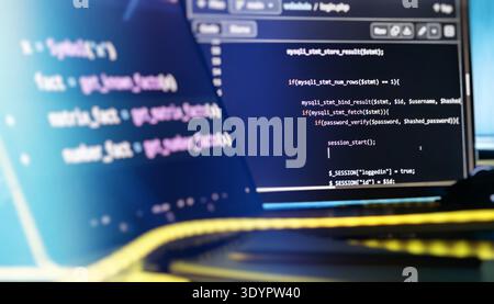 Web Development and Backend Coding Workspace with PHP Source Code on Screens and Neon Desk Stock Photo