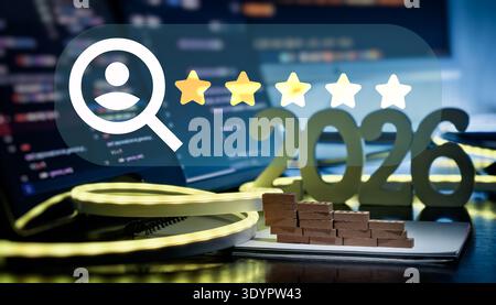 User Rating and Review Search Interface with 2026 Tech Workspace, Coding Screens and Five Star Evaluation Stock Photo