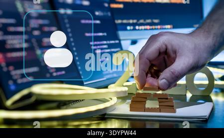 AI User Profile and Cloud Setup Concept with 2026 Desk Scene, Coding Screens and Hand Building Digital Stock Photo