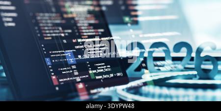 Futuristic Code Diff Interface with 2026 Numerals and Glowing Neon Desk Setup for Software Development Stock Photo