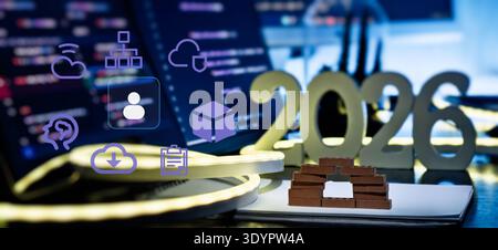 AI Cloud Architecture and User Workflow Concept with 2026 Desk Setup, Code Screens and Tech Interface Stock Photo