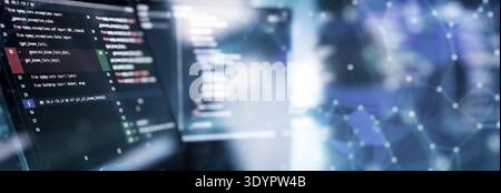 Abstract Software Code Diff Background with Futuristic Network Overlay and Copy Space for Technology Banner Stock Photo