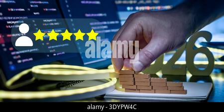 Five Star User Review Rating Concept with Hand Building Trust Blocks in 2026 Tech Stock Photo