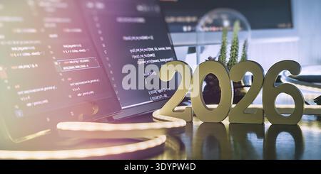 2026 Coding Workspace with Source Code Screens, Neon Cable Light and Modern Developer Stock Photo