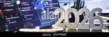 2026 Software Development Concept with Code Screens and Digital Network Overlay in Modern Stock Photo